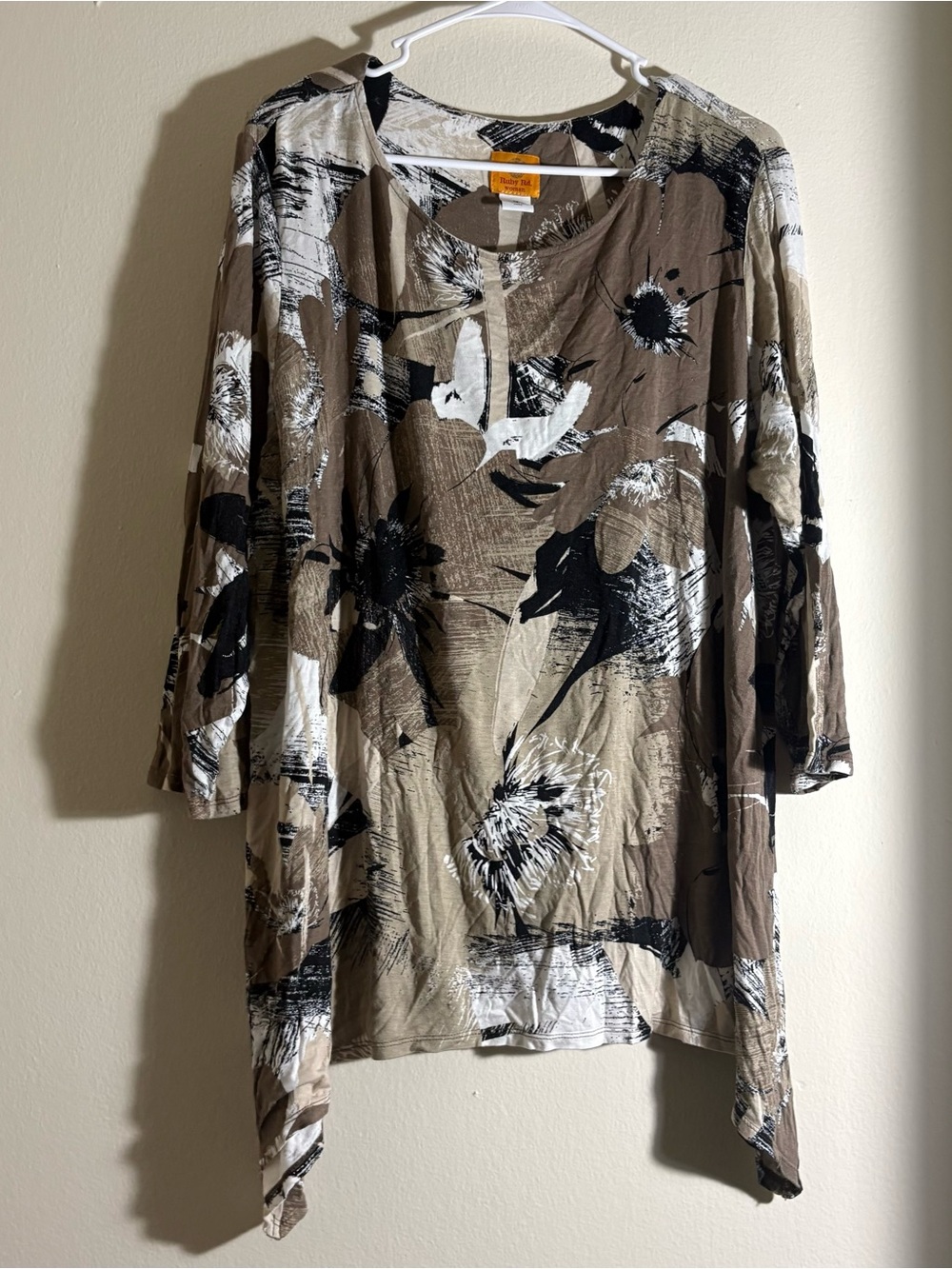 Ruby Rd Tunic Top Shirt Blouse Women 1X Stretch Long Sleeve Keyhole Brown Floral